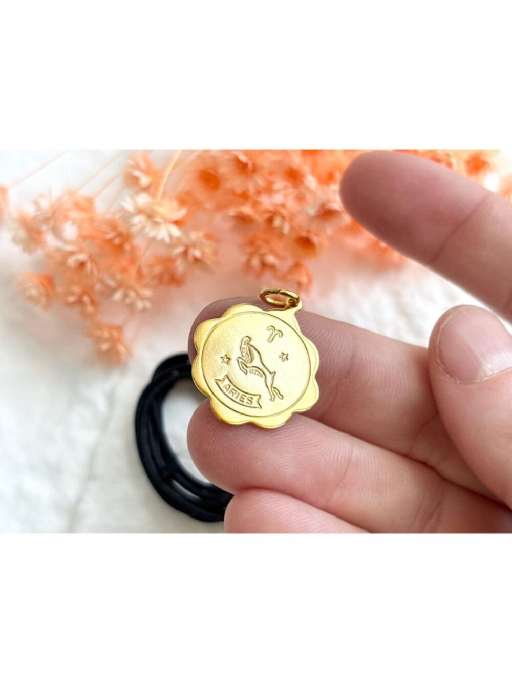 Aries Zodiac Scalloped Gold Toned Vintage Pendant Necklace w/ Black Rope - 26" - Picture 8 of 16